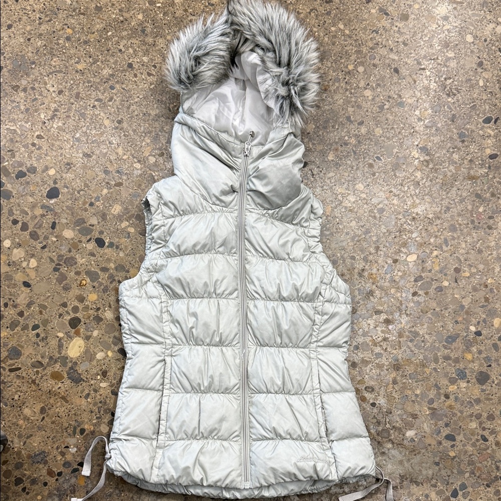 Eddie Bauer Mint Green Puffer Vest with Faux Fur Hood Down Fill XS